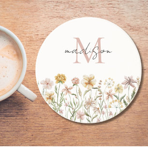 Monogrammed Watercolor Wildflower Meadow Floral Coaster
