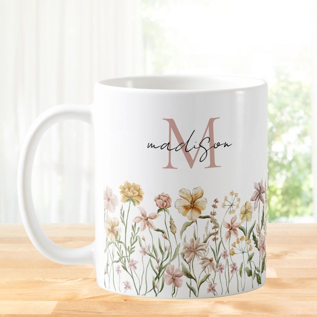 Monogrammed Watercolor Wildflower Meadow Floral Coffee Mug (In situ)