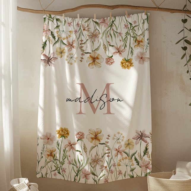 Monogrammed Watercolor Wildflower Meadow Floral Fleece Blanket (In situ)