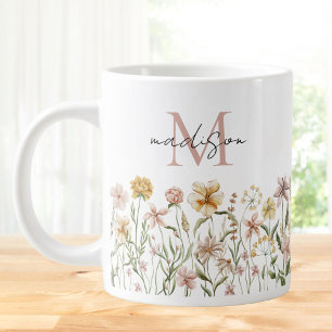 Monogrammed Watercolor Wildflower Meadow Floral Giant Coffee Mug