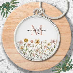 Monogrammed Watercolor Wildflower Meadow Floral Keychain