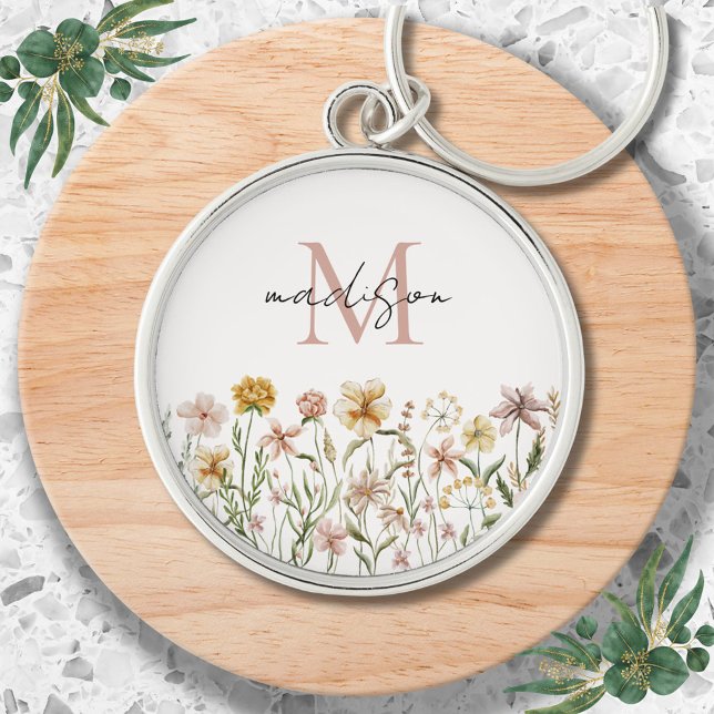 Monogrammed Watercolor Wildflower Meadow Floral Keychain (In situ)