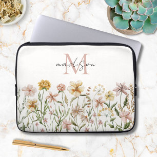 Monogrammed Watercolor Wildflower Meadow Floral Laptop Sleeve
