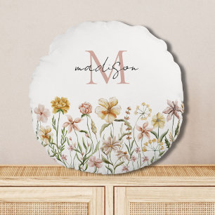 Monogrammed Watercolor Wildflower Meadow Floral Round Pillow
