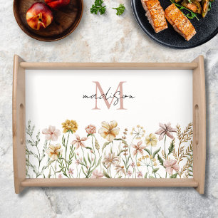 Monogrammed Watercolor Wildflower Meadow Floral Serving Tray