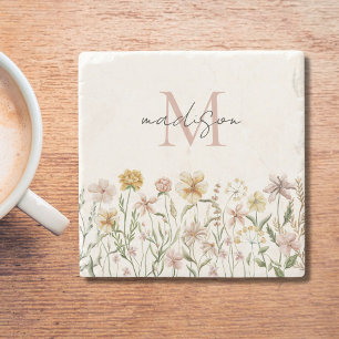 Monogrammed Watercolor Wildflower Meadow Floral Stone Coaster