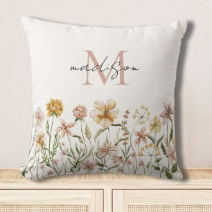 Monogrammed Watercolor Wildflower Meadow Floral Throw Pillow