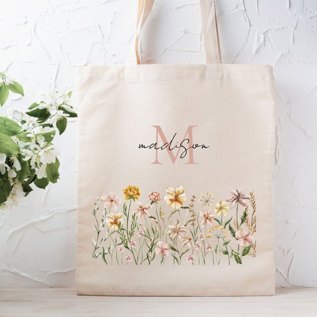 Monogrammed Watercolor Wildflower Meadow Floral Tote Bag (In situ)