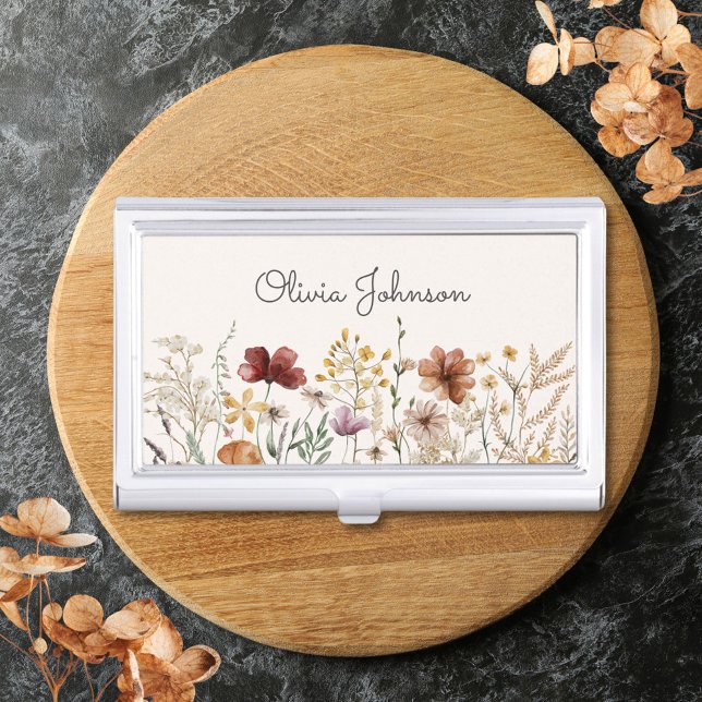Monogrammed Watercolor Wildflower Pretty Floral Business Card Case (In situ)