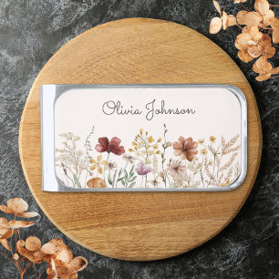 Monogrammed Watercolor Wildflower Pretty Floral Silver Finish Money Clip