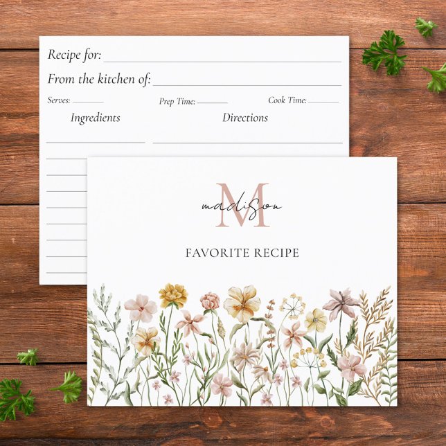 Monogrammed Watercolor Wildflower Recipe Card (In situ)