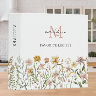 Monogrammed Watercolor Wildflower Recipe Cookbook 3 Ring Binder