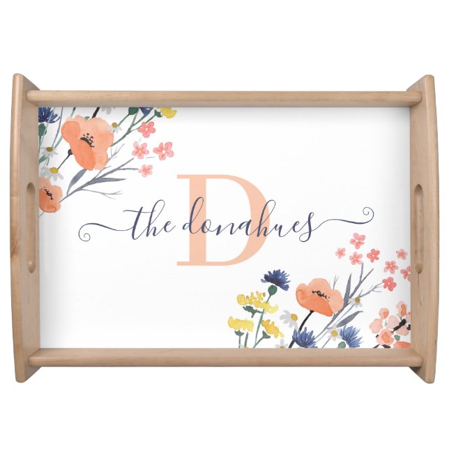 Monogrammed Watercolor Wildflower Serving Tray (Front)