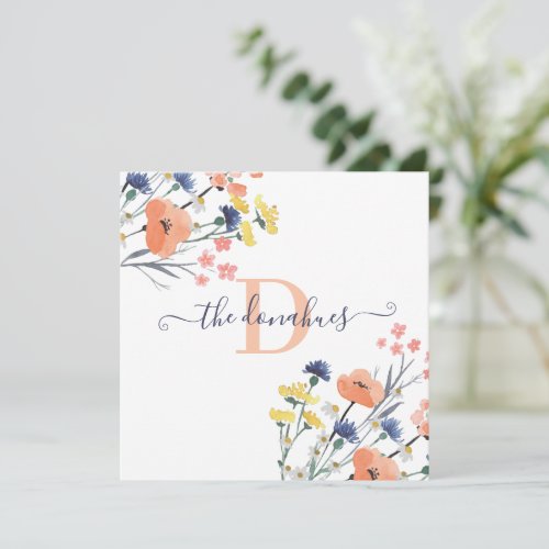 Monogrammed Watercolor Wildflower Square Card