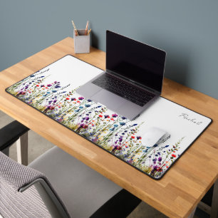 Monogrammed Watercolor Wildflowers Floral Desk Mat
