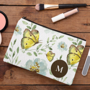 Monogrammed Watercolor yellow Butterfly floral Accessory Pouch