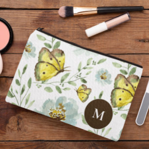 Monogrammed Watercolor yellow Butterfly floral Accessory Pouch