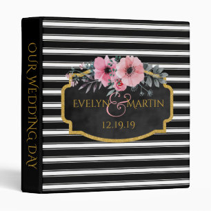 Monogrammed Wedding   Black White Striped Floral 3 Ring Binder