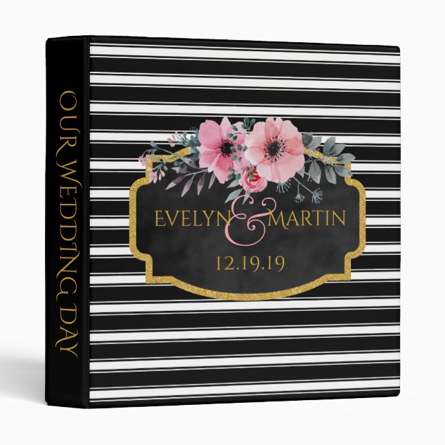Monogrammed Wedding | Black White Striped Floral 3 Ring Binder (Front/Spine)
