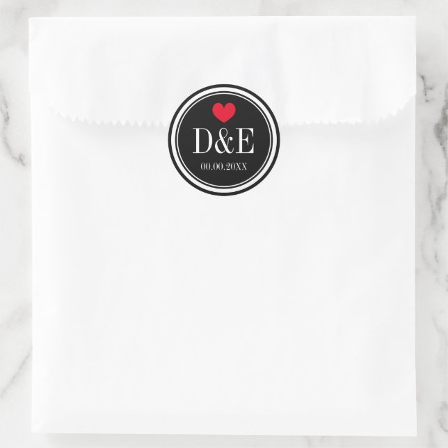 Monogrammed wedding favor stickers with red heart (Bag)