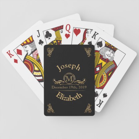 Monogrammed Wedding Favors | Elegant Black Gold Playing Cards
