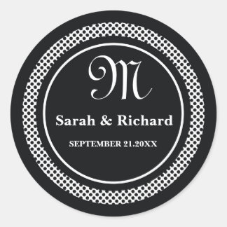 Monogrammed Wedding Stickers:Black Polka Dots Classic Round Sticker