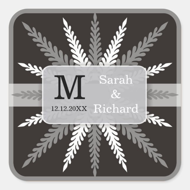 Monogrammed Wedding Stickers-Silver On Black Square Sticker (Front)