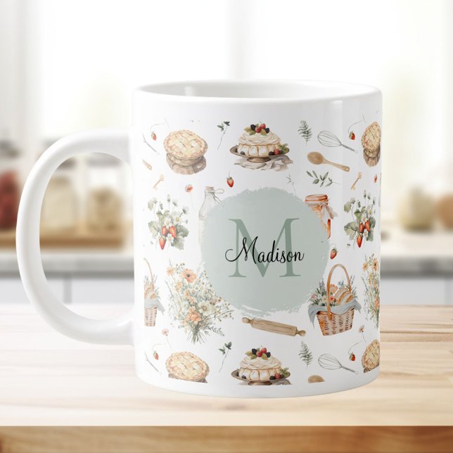 Monogrammed Whimsical Floral Strawberry Country Giant Coffee Mug (In situ)