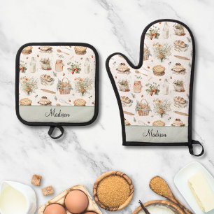 Monogrammed Whimsical Floral Strawberry Country Oven Mitt & Pot Holder Set