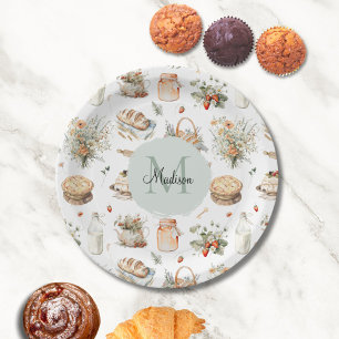 Monogrammed Whimsical Floral Strawberry Country Paper Plates