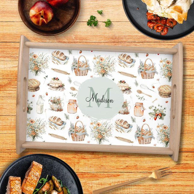 Monogrammed Whimsical Floral Strawberry Country Serving Tray (In situ)