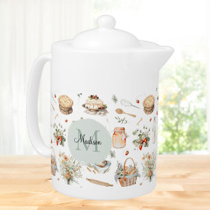 Monogrammed Whimsical Floral Strawberry Country Teapot