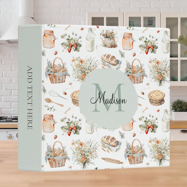 Monogrammed Whimsical Floral Strawberry Recipe 3 Ring Binder (In situ)