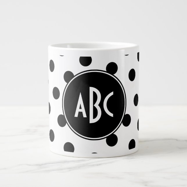 Monogrammed White and Black Polka Dots Giant Coffee Mug (Front)