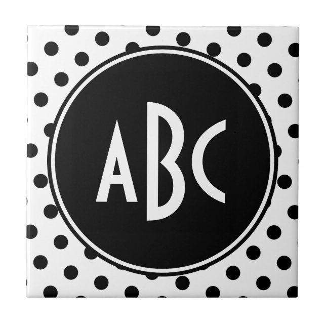 Monogrammed White and Black Polka Dots Tile (Front)