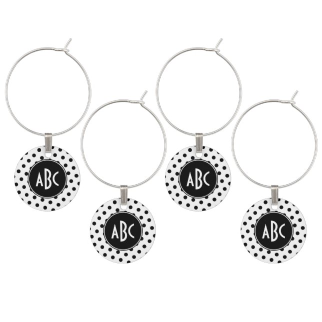 Monogrammed White and Black Polka Dots Wine Charm (Staggered)