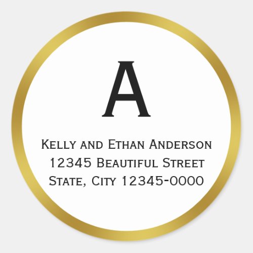 Monogrammed White and Faux Gold Return Address Classic Round Sticker