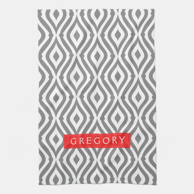 Monogrammed White And Gray Geometric Pattern Kitchen Towel (Vertical)