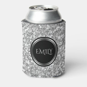 Monogrammed White And Gray Glitter Can Cooler