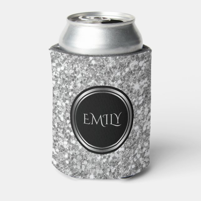 Monogrammed White And Gray Glitter Can Cooler (Can Back)