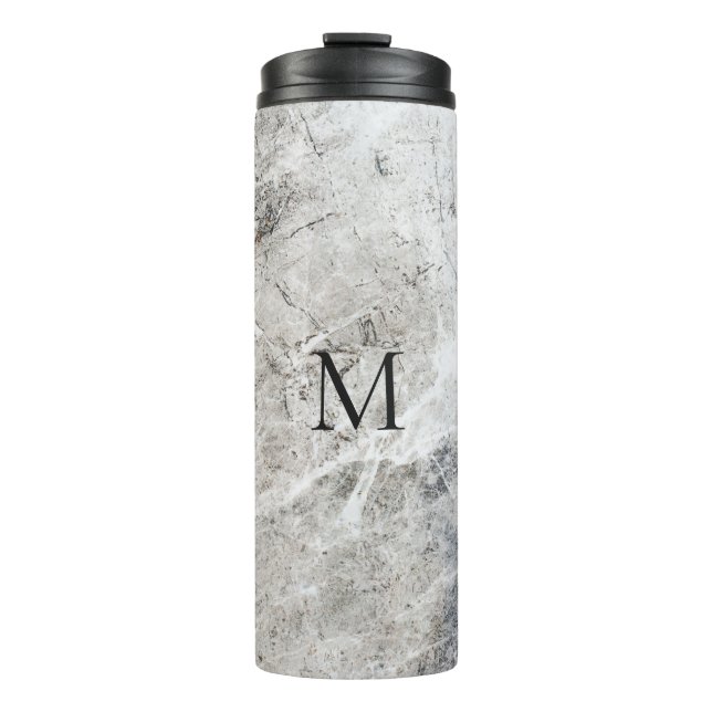 Monogrammed White And Gray Marble Thermal Tumbler (Front)
