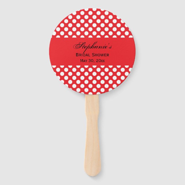 Monogrammed White and Red Polka Dot Bridal Shower Hand Fan (Front)