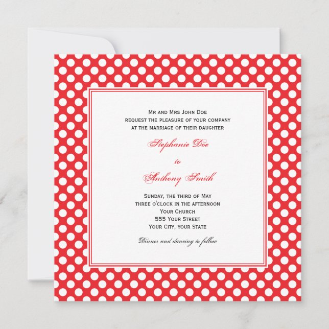 Monogrammed White and Red Polka Dot Wedding Invitation (Front)