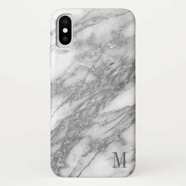 Monogrammed White And Silver Gray Marble Case-Mate iPhone Case (Back)