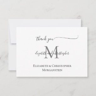 Monogrammed White Black Script Calligraphy Wedding Thank You Card