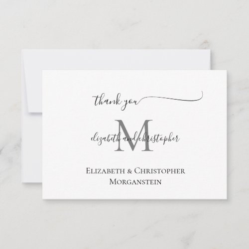Monogrammed White Black Script Calligraphy Wedding Thank You Card