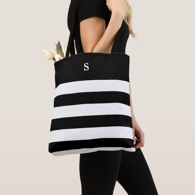 Monogrammed White & Black Stripe Tote Bag (Close Up)