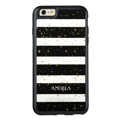 Monogrammed White Black Stripes Gold Sparks OtterBox iPhone 66s Plus Case