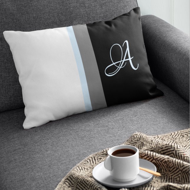 Monogrammed White, Blue, Grey, Black Striped Lumbar Pillow (Creator Uploaded)