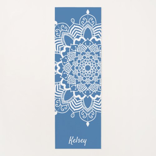 Monogrammed White  Blue Mandala Pattern Yoga Mat